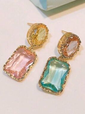 Gold Drop Earrings with Pink and Aqua Crystal Stones R 464